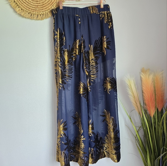 Karen Millen New Navy Blue Feather Devore Woven Wide Leg Dress Pants US SZ 8 - Picture 7 of 12